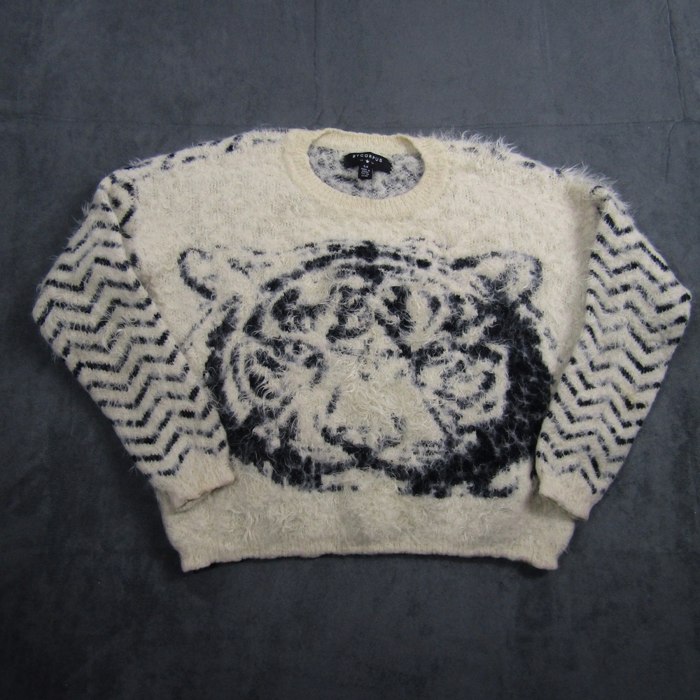 Bycorpus Sweater Women S White Tiger Graphic Eyelash Knit Chevron Long Sleeve